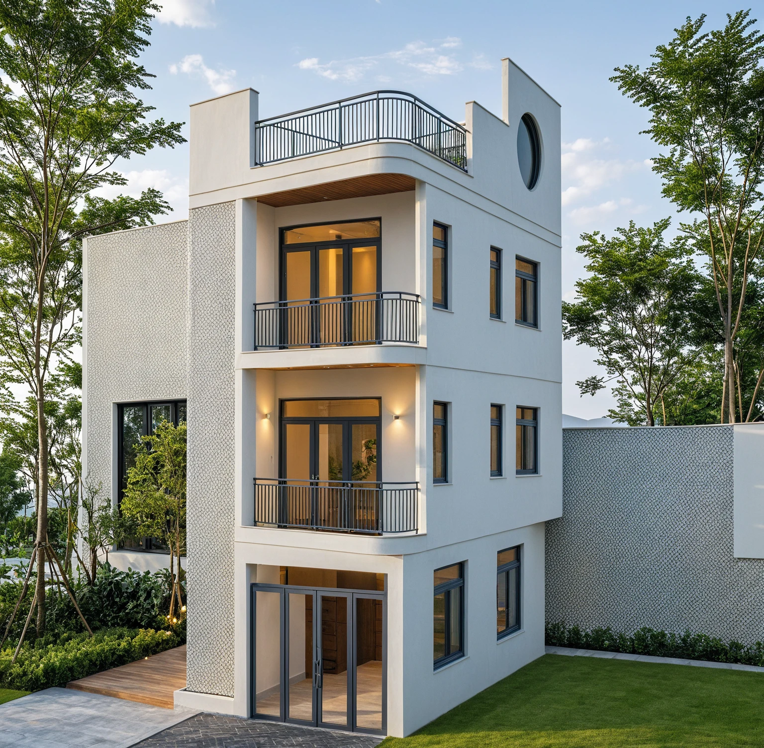 Masterpiece, high quality, best quality, authentic, super detailed, outdoor, aiaigroup, modern townhouse style, stairs, white wall combined with wood, wind encaustic tiles, iron gate, conwood ceiling, flowers, path, summer evening, grass, trees, sky, clouds, (daylight: 1.1)