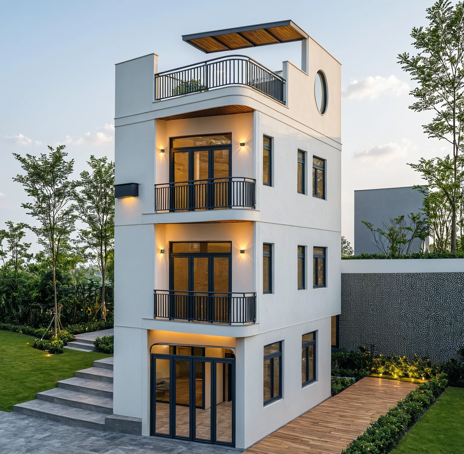 Masterpiece, high quality, best quality, authentic, super detailed, outdoor, aiaigroup, modern townhouse style, stairs, white wall combined with wood, wind encaustic tiles, iron gate, conwood ceiling, flowers, path, summer evening, grass, trees, sky, clouds, (daylight: 1.1)