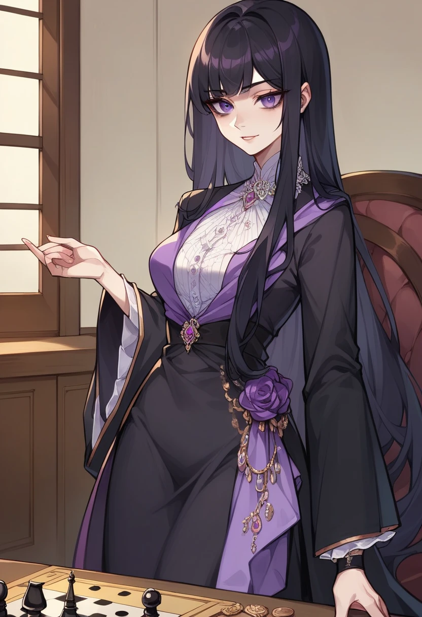 long dark black hair female, playing chess pov, beautiful, hime, straight black hair, noble attire, purple clothes, purple eyes, manhwa style, aristocrat, noble lady, mocking smirk, smart, cunning, 15 years old, elegant,
