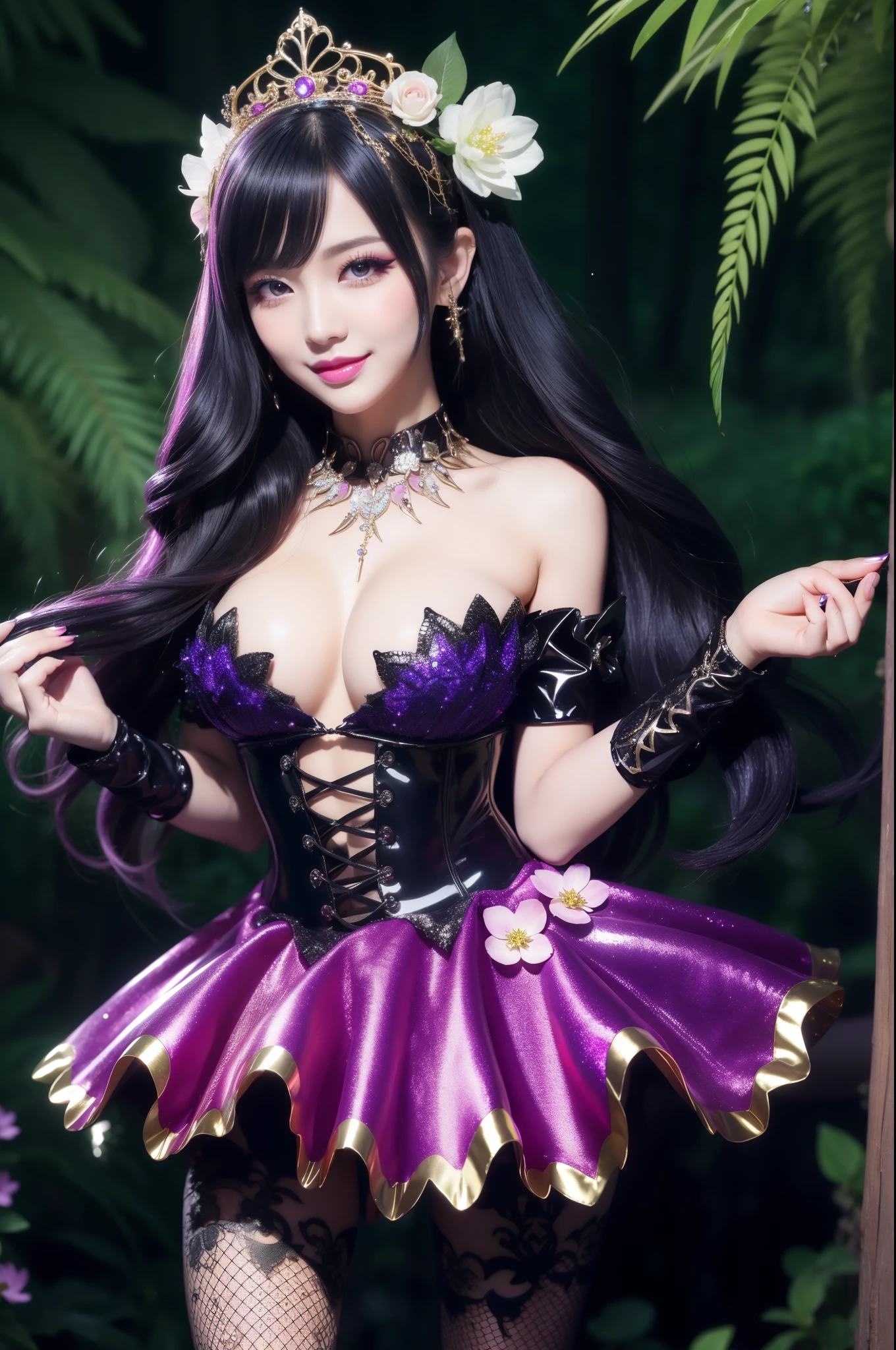 sexy stylish female who controls poison、beautiful smile、lip-gloss、long lashes、dramatic makeup、look at the camera、full body Esbian、、sparkling poisoned enchanted flower costume、、、、shiny sparkling multicolor hair、secrete poison、skull hair accessories、fishnet tights、shiny sparkling dark magic forest background