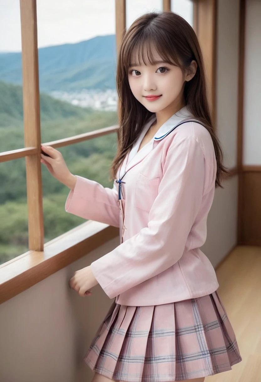 (6years old:1.2),(straddling),(smile:1.2),(embarrassed:1.2),( faced:1.2),(japanese 1little girl), ultra highres, real skin, hyperrealism,professional photograph, (absurdres:1.2),(8k), (RAW photo:1.2), (extremely detailed legs),
(best hands, nice hands, perfect hands:1.3),
(masterpiece), best quality, ultra detailed, absolutely resolution, (perfect anatomy, correct limb:1.2),(best eyes,nice eyes,perfect eyes:1.6),(perfect detailed face:1.2),
BREAK
(huge breast:1.2),faint lips, (light brown hair), (white skin),(cleavage:1.2),(Downblouse:1.6),((light pink)sailor suit,plaid skirt:1.5),short sleeve,
BREAK
(leaning forward:1.6),(bent over:1.4),(from front:1.4),(from above:1.2),japanese style room, tatami,mountain, nature, view from indoor to outdoor