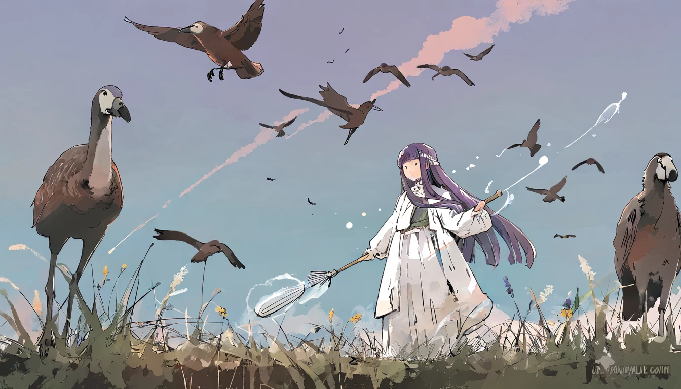 flat color, a girl named fern from sousou no freiren series, holding a huge magic wand, standing on the lawn, wind, day, amazing quality, very beautiful color, by iamuu, aesthetic, birds, beautiful scenery, expansivce, detailed,