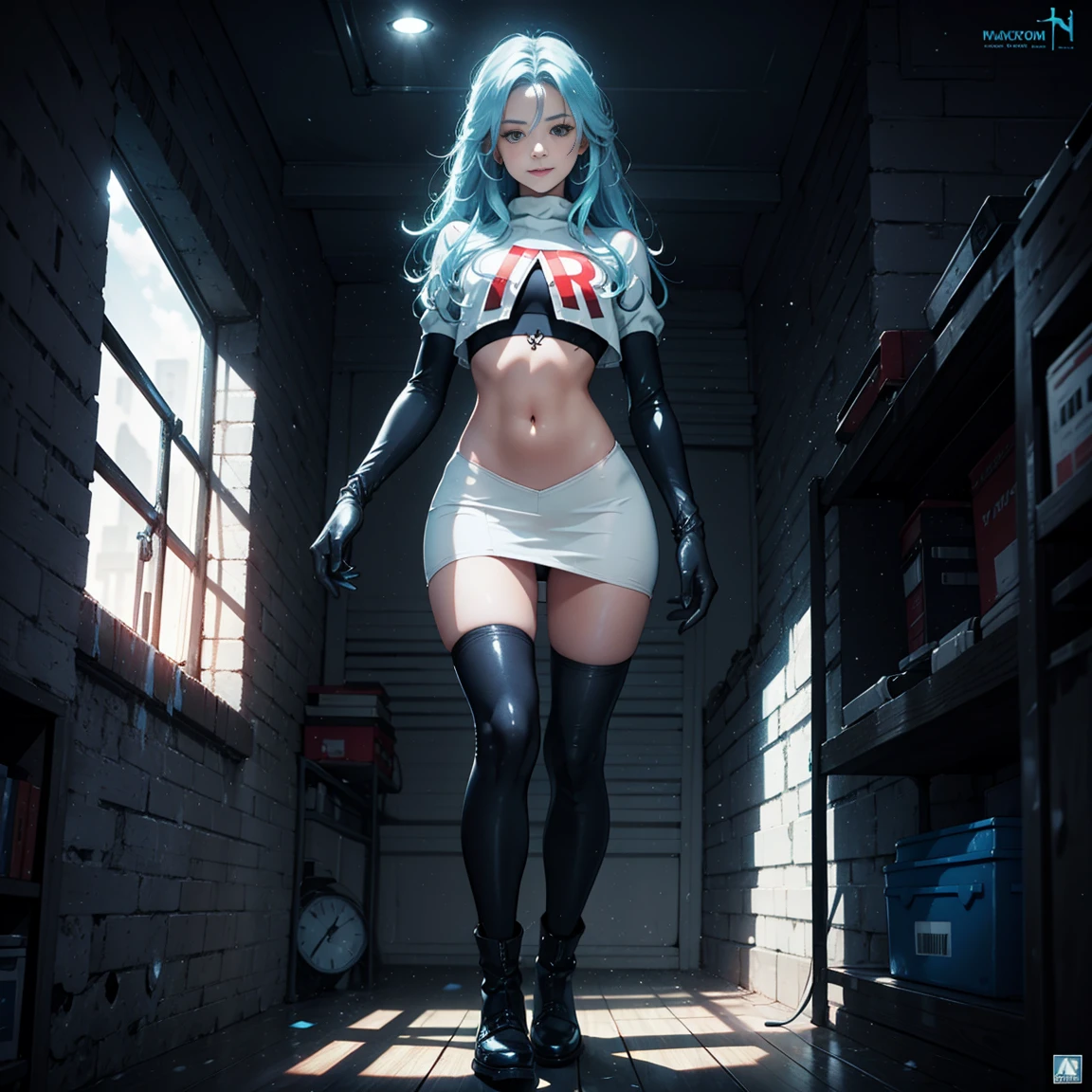 1girl, (solo), very long straight hair, light blue hair, flat chest, small size, blue eyes, fair skin, glossy lips ,team rocket uniform, blue letter A, white skirt, white crop top, black thigh-high boots, black elbow gloves, smile, red cheeks, looking down on viewer, walking, naked sex, sex view, full body, (days), sun, out forest, (very sexy body, detailed face, masterpiece, highly detailed, 8k, best quality, vibrant colors, digital art, concept art)