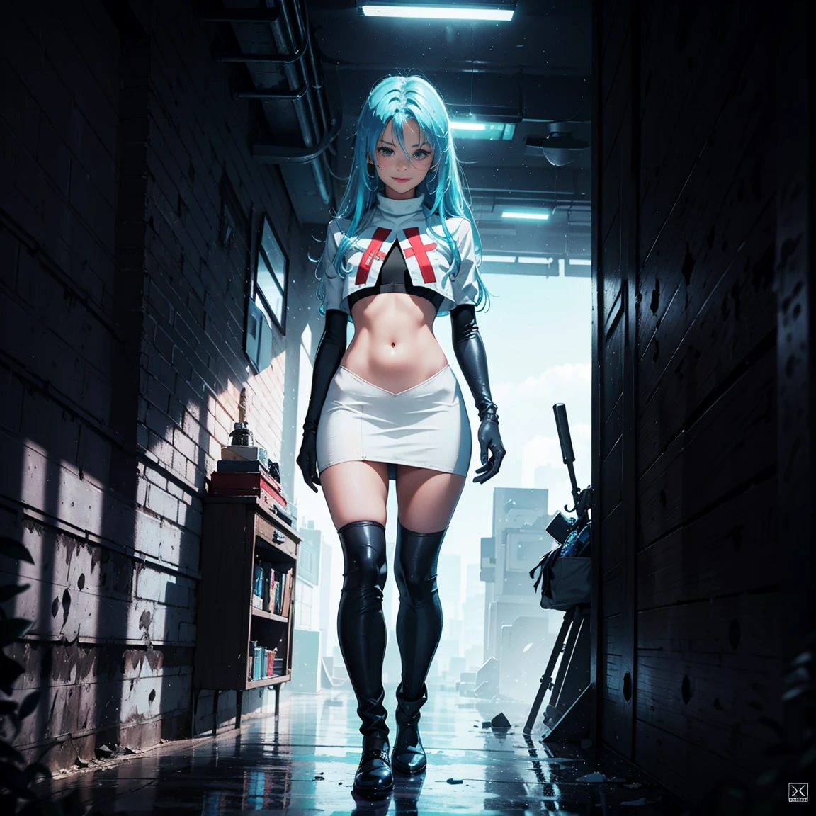 1girl, (solo), very long straight hair, light blue hair, flat chest, small size, blue eyes, fair skin, glossy lips ,team rocket uniform, blue letter A, white skirt, white crop top, black thigh-high boots, black elbow gloves, smile, red cheeks, looking down on viewer, walking, naked sex, sex view, full body, (days), sun, out forest, (very sexy body, detailed face, masterpiece, highly detailed, 8k, best quality, vibrant colors, digital art, concept art)