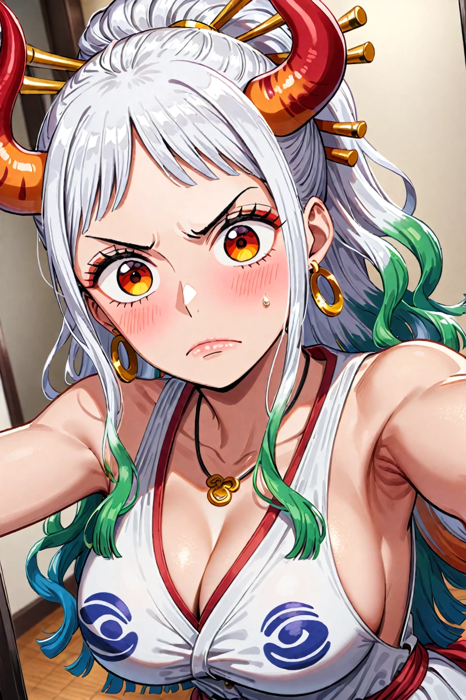 1girl, yamato (one piece), breasts, horns, jewelry, solo, selfie, multicolored hair, earrings, cleavage, hair stick, long hair, blush, dress, white hair, green hair, holding, hair ornament, large breasts, necklace, looking at viewer, phone, armpits, sleeveless, closed mouth, holding phone, cellphone, indoors, bare shoulders, mirror, smartphone, gradient hair, sleeveless dress, red eyes, curled horns, red dress, ponytail, multicolored horns, hoop earrings, sidelocks, upper body, collarbone, sweatdrop, red horns, v shaped eyebrows, ((medium quality)), ((medium quality))
