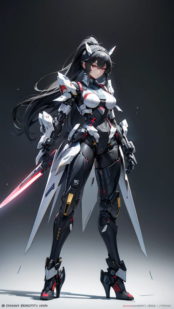 Black long hair ponytail huge mecha girl breasts，Full body black armor，helmet，slim figure，robot，mechanical joint，Thruster，high heels，front，Japan long sword，Sci-fi punk side city