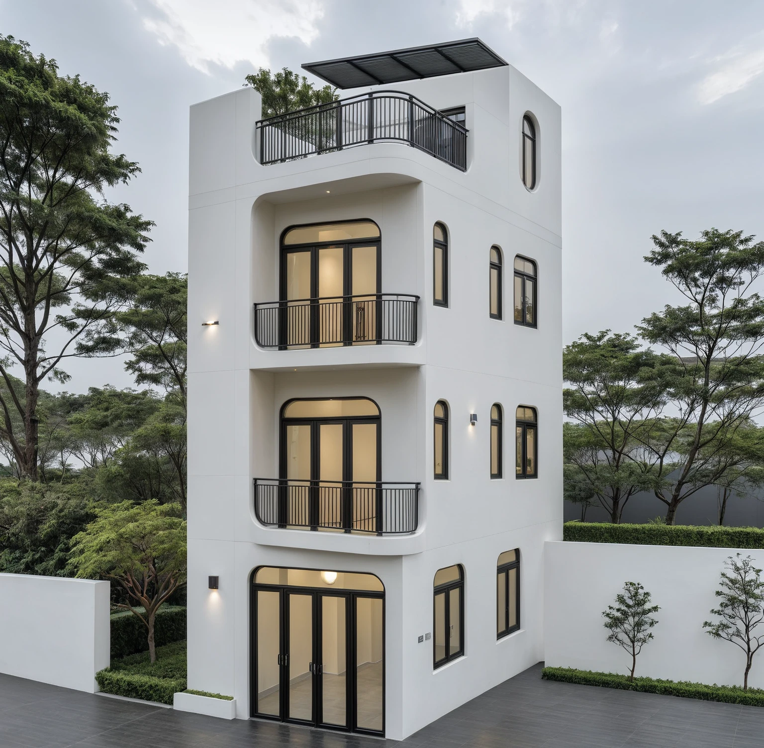 RAW photo, a photo of a modern house, (curvilinear archrchitecture:1.4), Wabisabi style rounded wall, white wall, steel black gate, sidewalk, sidewalk trees, ((grey gate:1.2)), road, viet nam modern residence, ((architectural shot)), rough white wall, new residential area, wide angle exterior 2022, contemporary house, exterior photography, masterpiece, contemporary architecture, overcast, indirect lighting