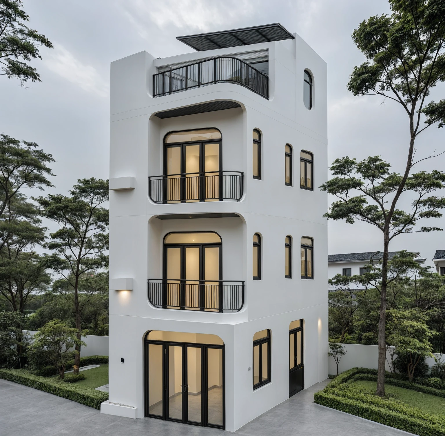 RAW photo, a photo of a modern house, (curvilinear archrchitecture:1.4), Wabisabi style rounded wall, white wall, steel black gate, sidewalk, sidewalk trees, ((grey gate:1.2)), road, viet nam modern residence, ((architectural shot)), rough white wall, new residential area, wide angle exterior 2022, contemporary house, exterior photography, masterpiece, contemporary architecture, overcast, indirect lighting