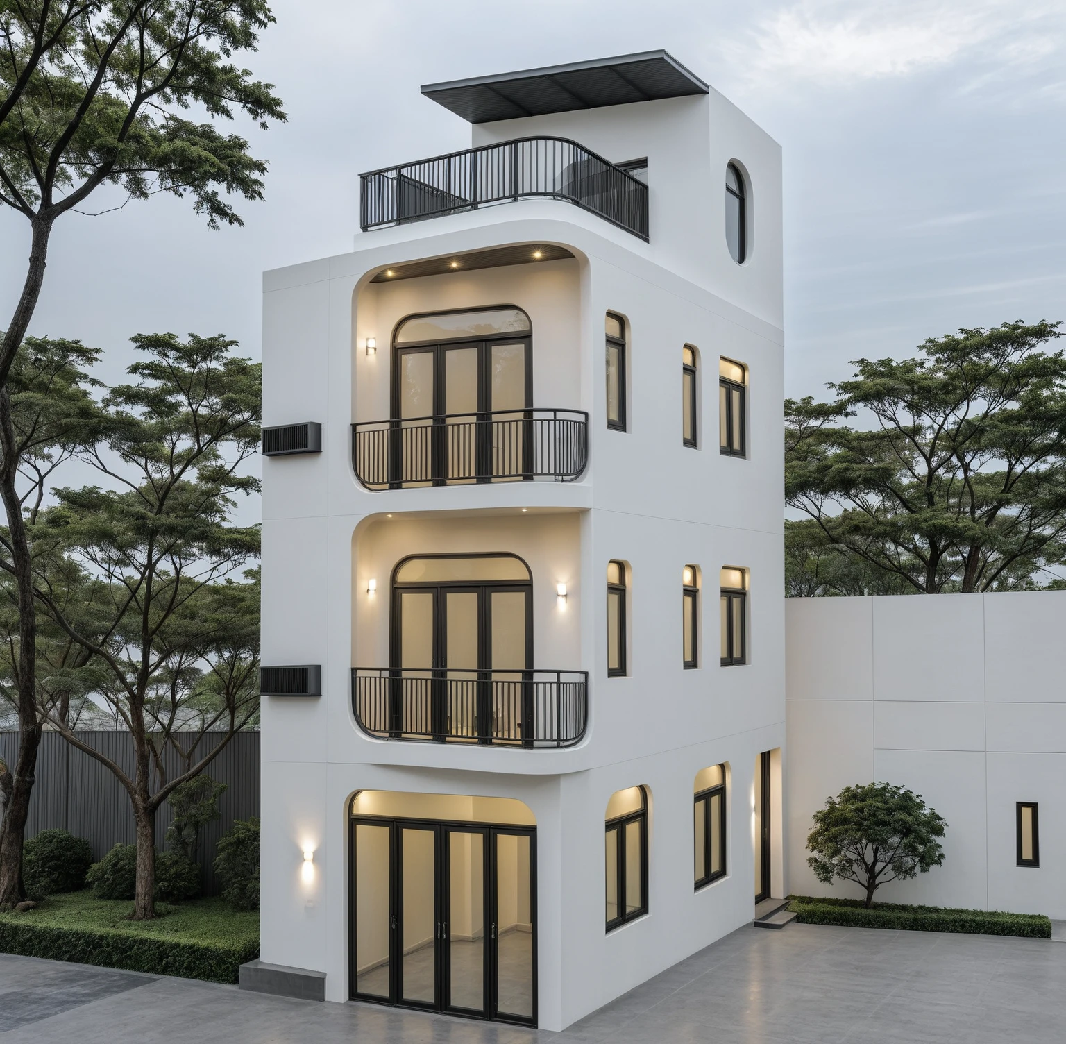 RAW photo, a photo of a modern house, (curvilinear archrchitecture:1.4), Wabisabi style rounded wall, white wall, steel black gate, sidewalk, sidewalk trees, ((grey gate:1.2)), road, viet nam modern residence, ((architectural shot)), rough white wall, new residential area, wide angle exterior 2022, contemporary house, exterior photography, masterpiece, contemporary architecture, overcast, indirect lighting