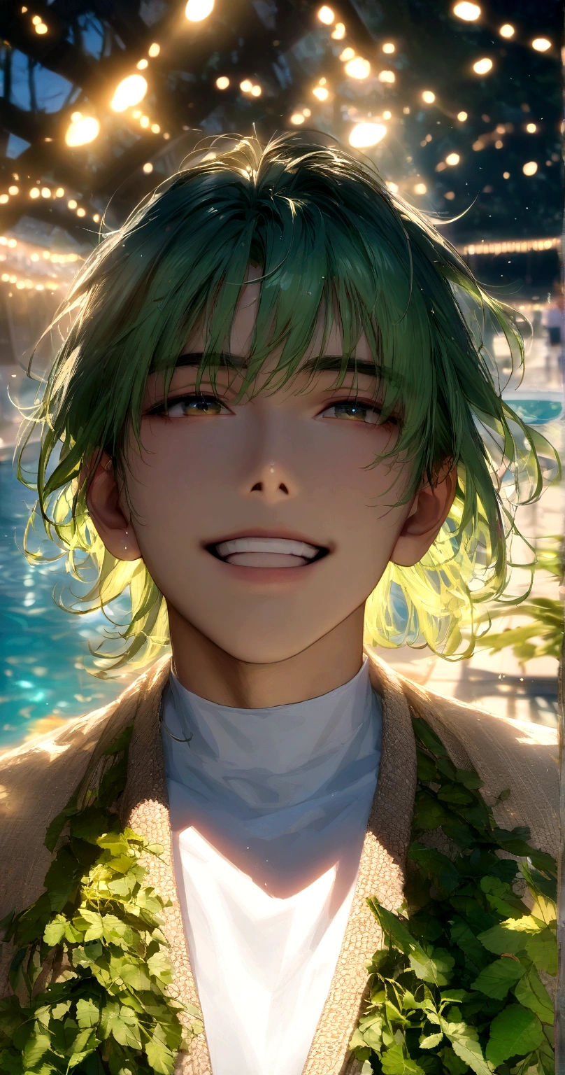 (absurdres, highres, ultra detailed, HDR), masterpiece, intricate, best quality, close-up portrait of a handsome anime character from ayashino ceres, short hair, original hair, captivating scene , boy enjoying a luxurious poolside. happy face, topless, see through shirt showing chest, Incorporate elements of nature, architecture, and the character's unique charm to create a visually stunning and immersive environment, art kenouji.