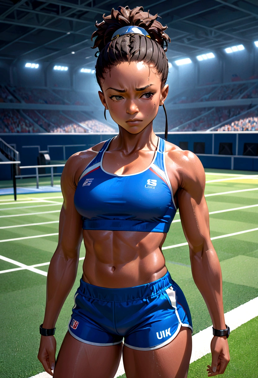 Female Athlete, (Serena Williams:Simone Biles:0.5), lean muscular build, sweat dripping down her forehead, determined expression, high detail face, high detail skin, sports attire, (tight sports bra and short athletic shorts), (toned abs:1.2), short afro hairstyle, (sculpted shoulders:1.3), synthetic turf track background, (UHD, 8K wallpaper, High resolution), cinematic lighting, award-winning, extremely detailed skin, extra detailed face, high detail eyes, photo-realistic, Canon EF 70-200mm F/2.8L IS III, by