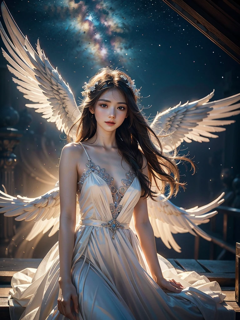a beautiful angel wearing a white dress, art station chenwei, halo, white wings, best quality, 4k, 8k, highres, masterpiece:1.2, ultra-detailed, realistic, photorealistic, photo-realistic:1.37, HDR, UHD, studio lighting, ultra-fine painting, sharp focus, physically-based rendering, extreme detail description, professional, vivid colors, bokeh, fantasy, digital art, intricate details, angelic, ethereal, glowing, soft lighting, delicate, serene, peaceful, heavenly, celestial, divine, radiant