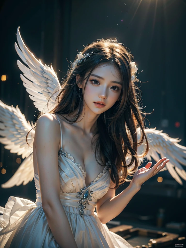 a beautiful angel wearing a white dress, art station chenwei, halo, white wings, best quality, 4k, 8k, highres, masterpiece:1.2, ultra-detailed, realistic, photorealistic, photo-realistic:1.37, HDR, UHD, studio lighting, ultra-fine painting, sharp focus, physically-based rendering, extreme detail description, professional, vivid colors, bokeh, fantasy, digital art, intricate details, angelic, ethereal, glowing, soft lighting, delicate, serene, peaceful, heavenly, celestial, divine, radiant