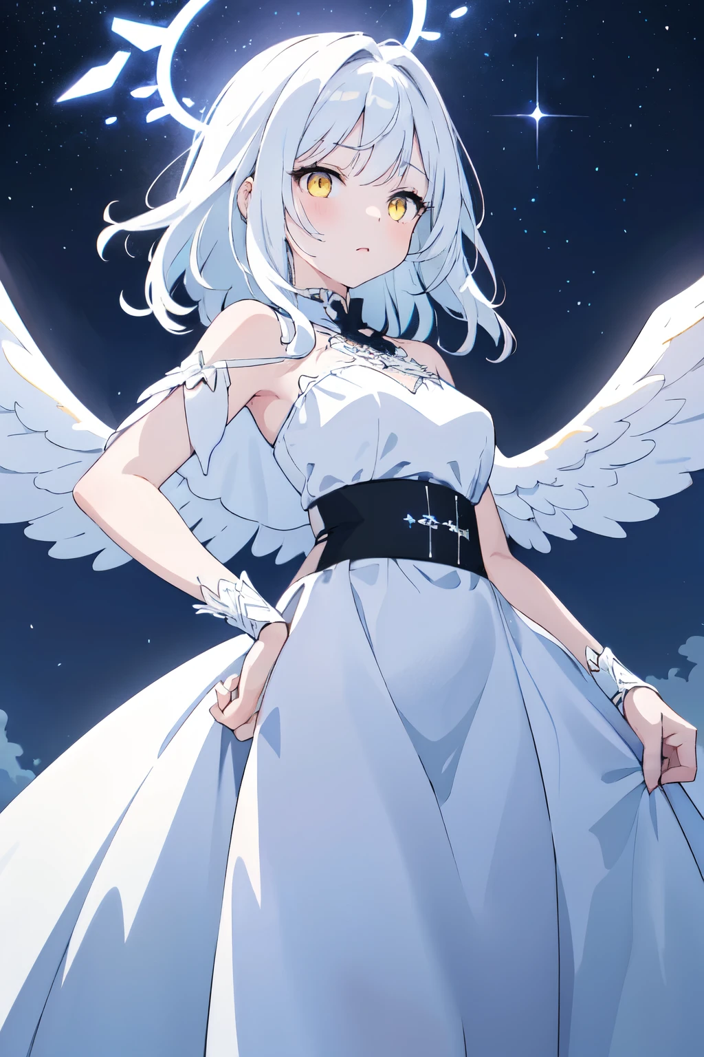 masterpiece, best quality, 1girl, glowing, angel, white hair, long white gown, angelic white gown, elegant design, black fabric waist sash,  jelweries, intricate gown, heavenly gown, long sleeeves, waist sash, angel wings, full lenth skirt, long sleeeves, glowing, yellow eyes, curvy, curly hair, flowing hair, low angle view, cowboy shot, sky background, medium breasts, beautiful sky, clouds, starry sky, angel halo, jelweries, hand on dress, dark blue sky, glowwing:1.2, aurora, 1 hand on hip, blush, hair in the middle