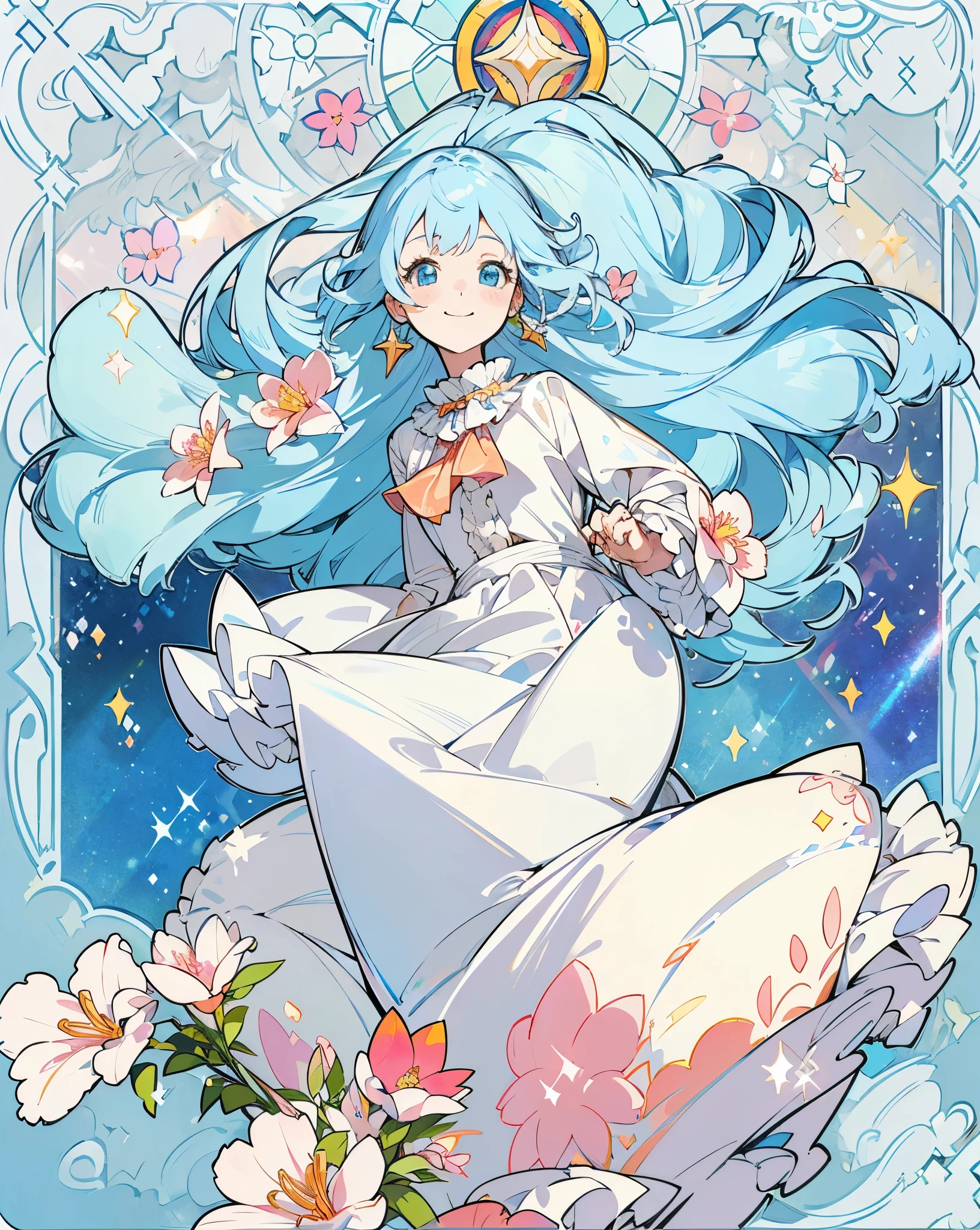 (No exposed skin, long-sleeved blouse with frills), (Solo), Very cute girl (1), Peach and colorful flowers in the background, Large stained glass, Sunlight shining through, ((Super long light blue hair, tied hair and earrings)), (Best smile), Dynamic, (Light blue eyes), (Sparkle) (Detail object)