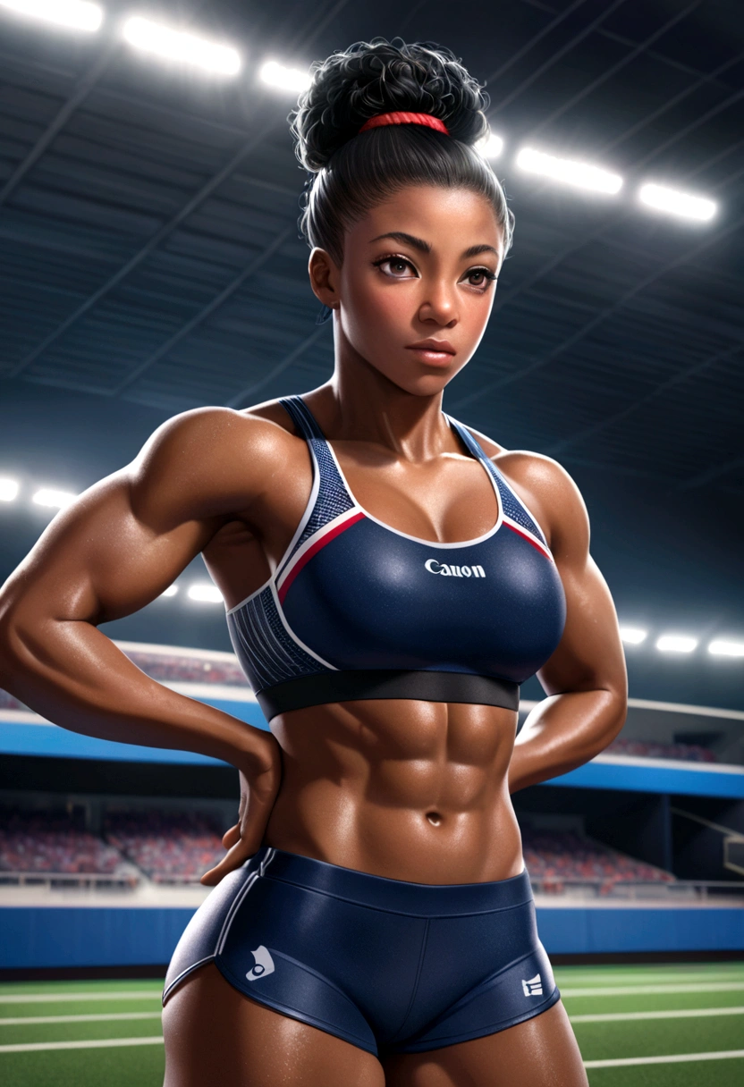 Female Athlete, (Serena Williams:Simone Biles:0.5), lean muscular build, sweat dripping down her forehead, determined expression, high detail face, high detail skin, sports attire, (tight sports bra and short athletic shorts), (toned abs:1.2), short afro hairstyle, (sculpted shoulders:1.3), synthetic turf track background, (UHD, 8K wallpaper, High resolution), cinematic lighting, award-winning, extremely detailed skin, extra detailed face, high detail eyes, photo-realistic, Canon EF 70-200mm F/2.8L IS III, by