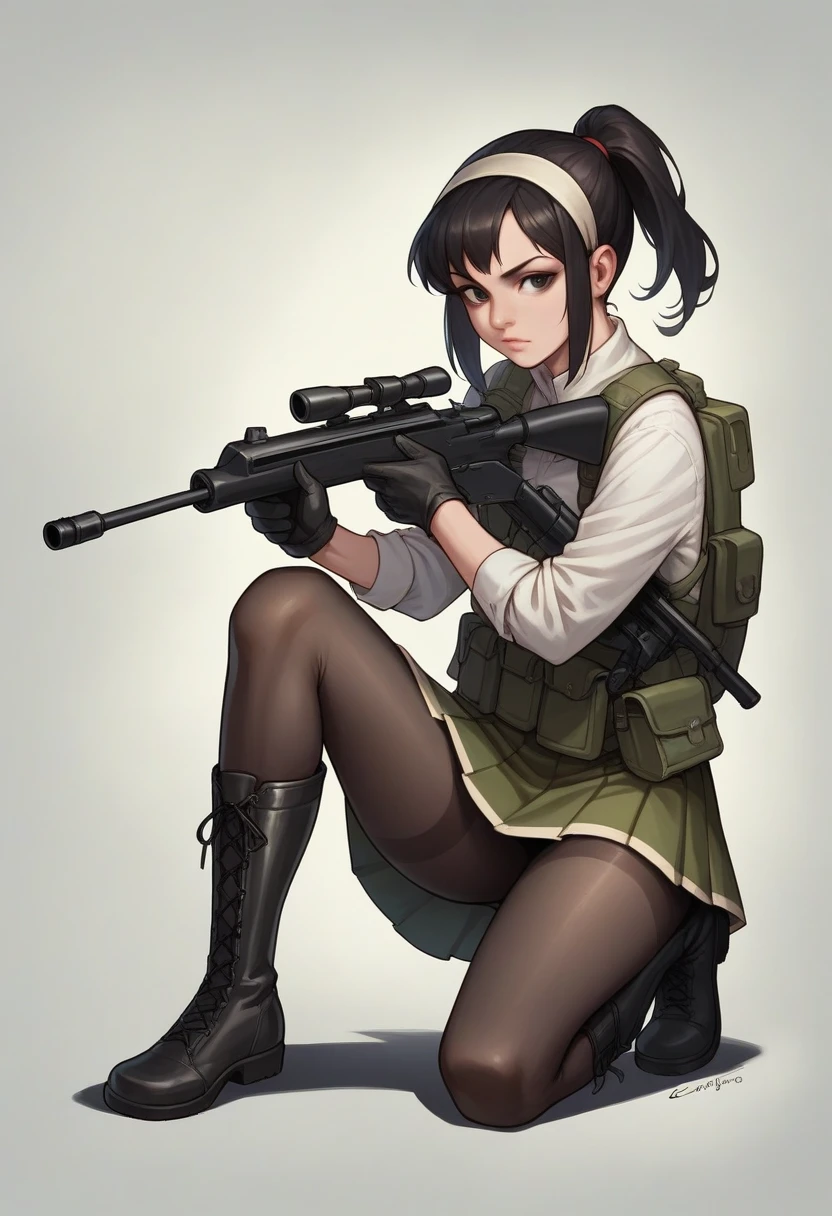 realistic photo, a beautiful woman, alone, short hair, skirt, black hair, black eyes, gloves, ponytail, weapons, pantyhose, hair band, boots, holding a gun, Black pantyhose, rifle, one knee, sniper rifle , coverage, casing shell