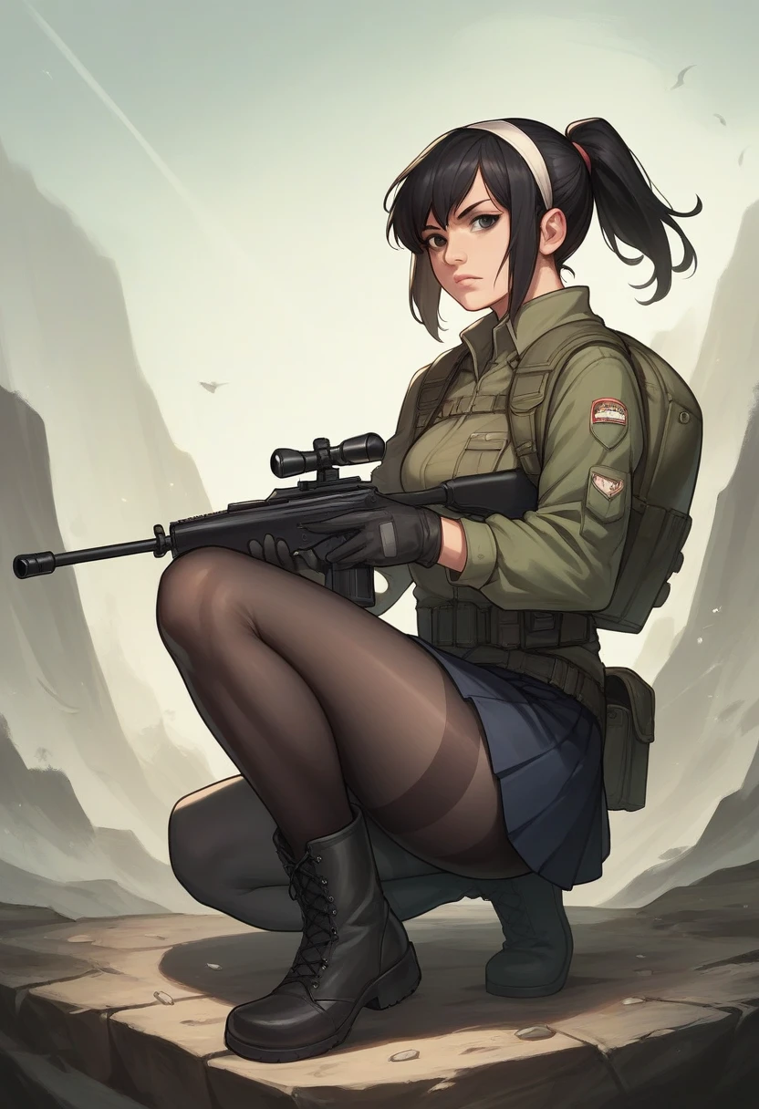 realistic photo, a beautiful woman, alone, short hair, skirt, black hair, black eyes, gloves, ponytail, weapons, pantyhose, hair band, boots, holding a gun, Black pantyhose, rifle, one knee, sniper rifle  , coverage, casing shell