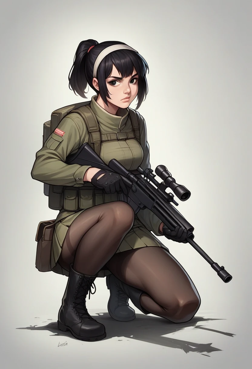 realistic photo, a beautiful woman, alone, short hair, skirt, black hair, black eyes, gloves, ponytail, weapons, pantyhose, hair band, boots, holding a gun, Black pantyhose, rifle, one knee, sniper rifle , coverage, casing shell