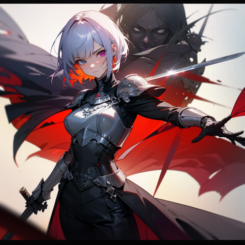 Elegant woman with cool red-purple heterochromia eyes, wearing an armor dress, black trousers, white short straight hair (top quality, 8k, high, masterpiece), highly detailed facial features, intricate details, natural lighting, warm colors , soft focus, digital painting, fantasy art, silhouette, red light, eerie atmosphere, foggy, holding a sword, Excalibur(Fate)