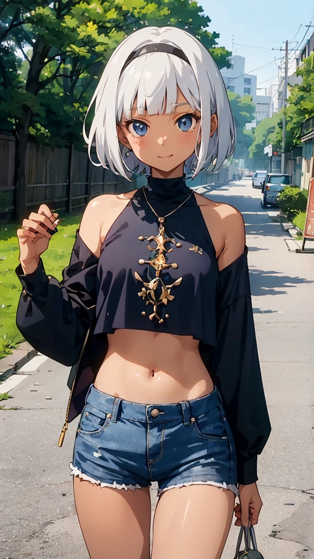 One Girl、Beautiful silver hair、((((Very short hair))))、blue eyes、(hair band)、(((Blunt bangs))), ((Medium Chest)), 24-years-old、 (((dark skin))), Crop top, daisy duke shorts, (tsurime), Tight waist、smile、 Fine details, Top rated on pixiv, Melon Books, (((anime_Screen capture))), animeted gif, cowboy shot, Cute pose, On the riverbank、barbecue、camp、Shallow depth of field,