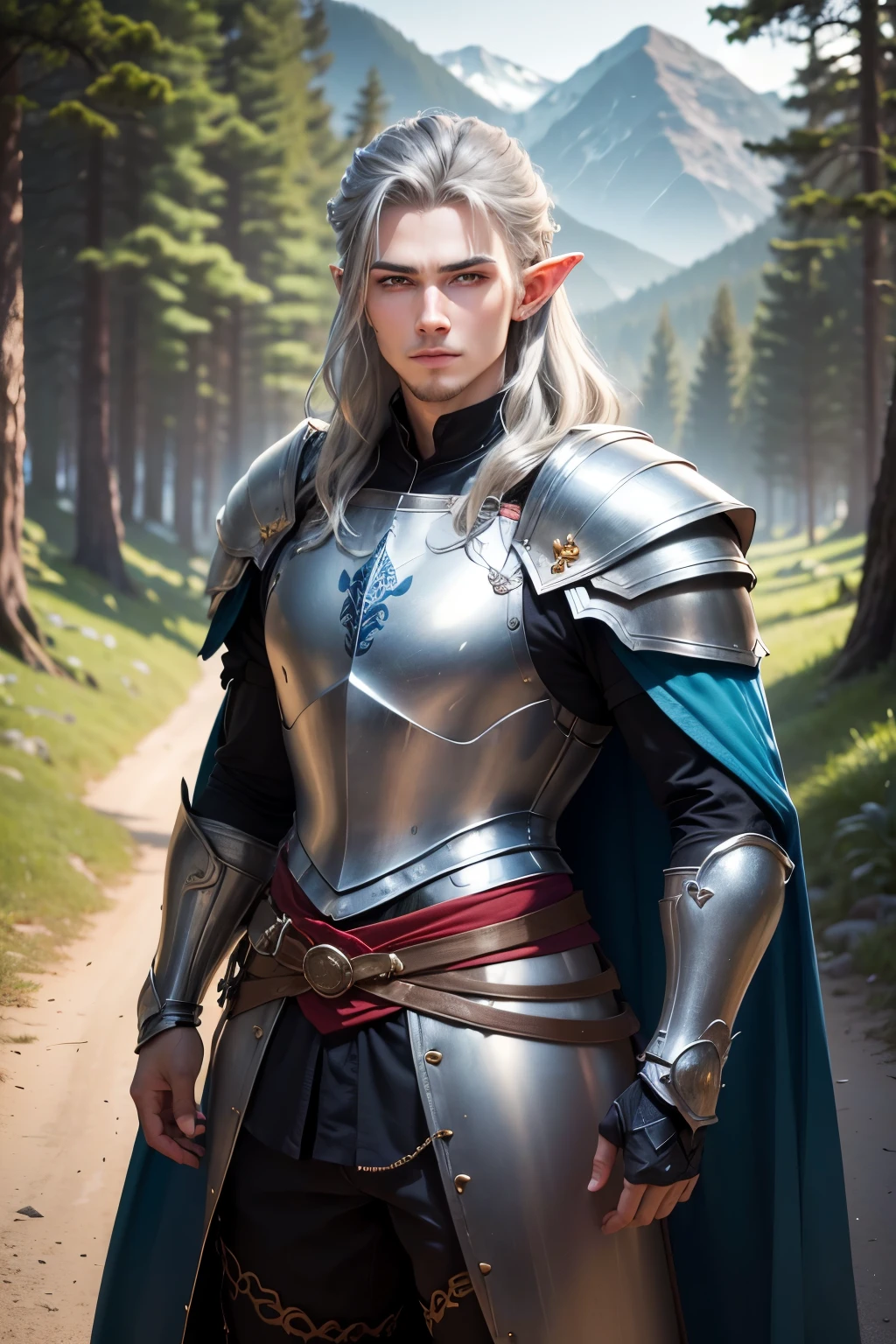 ((best quality)), ((masterpiece)), (detailed), Prize-winning works, with incredible details, maximum textures and details, uhd ,8K,super resolution ,depth of field, retina, masterpiece, anatomically correct, textured skin, super detail, high details, highres ,1 Male elf fantasy warrior adventurer ,long gray hair ,face ultradetailed ,blue colored eyes, wide chin,a slight charming smile , wearing medieval blue armor , blue gauntlets and gloves, black green breastplate,blue and silver long cape ,fully body, hyper-detailed piercing eyes ,blue heavy armor (25 year old young man :1.1,detailedeyes, face detailed, whole body:1.1,the bottom is a valley ,mountains and forest ),(best qualityer:1.2,ultra detali:1.1,realisitic:1.37) ,eyeshadows,sharp focus,swirly vibrant colors,)