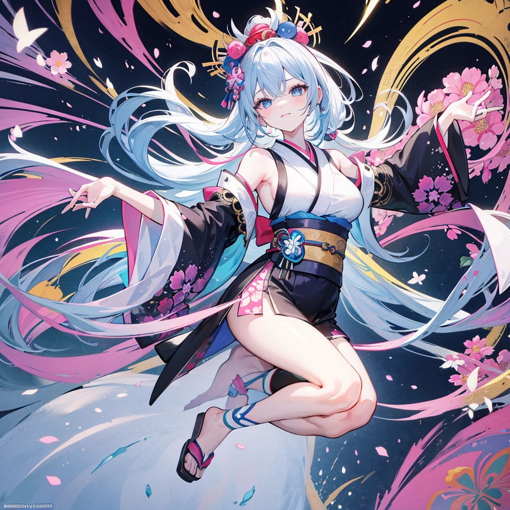 dynamic dancing moves with full of energy and movement, jumping high, full body portrait, happy expression, Japanese festival, with lively action poses, Positive Space, asymmetry, dynamic angle, A detailed illustration of an anime girl with blue eyes wearing a black kimono with Japanese patterns, wearing white cloak white shorts, black tube-top, She has white long hair tied back by a flower hair ornament, with colorful deep blue, black, pink, gold and white colors, surrounded by hexagons with various patterns and textures, Japanese Ancient bridge, happy expression, A black and white checkered pattern background surrounded by hexagons with various patterns in background, floral designs, and geometric shapes, In the background there are some sakura trees., cartoon character design, this is a full body portrait in vibrant colors, colorful illustrations, highly detailed, high resolution, in the style of digital painting, natural lighting,