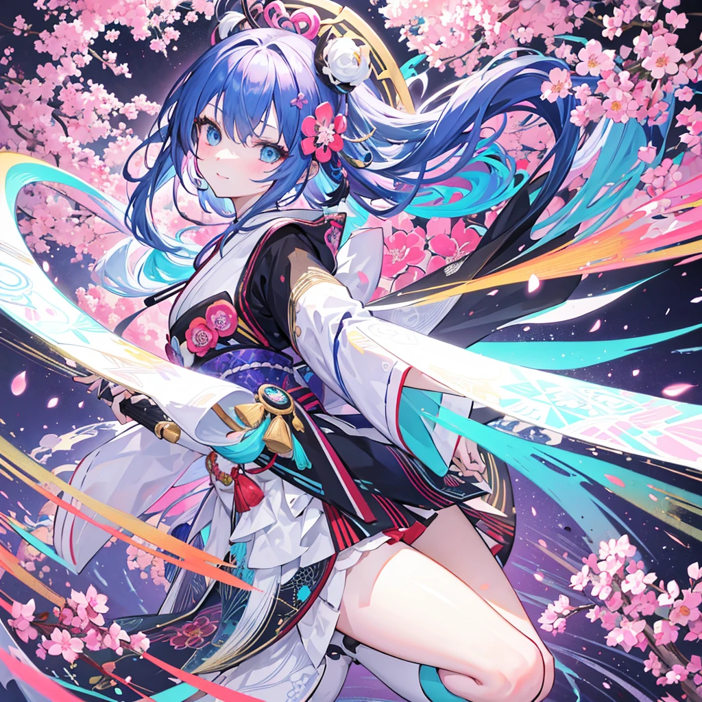 dynamic dancing moves with full of energy and movement, jumping high, full body portrait, happy expression, Japanese festival, with lively action poses, Positive Space, asymmetry, dynamic angle, A detailed illustration of an anime girl with blue eyes wearing a black kimono with Japanese patterns, wearing white cloak white shorts, black tube-top, She has white long hair tied back by a flower hair ornament, with colorful deep blue, black, pink, gold and white colors, surrounded by hexagons with various patterns and textures, Japanese Ancient bridge, happy expression, A black and white checkered pattern background surrounded by hexagons with various patterns in background, floral designs, and geometric shapes, In the background there are some sakura trees., cartoon character design, this is a full body portrait in vibrant colors, colorful illustrations, highly detailed, high resolution, in the style of digital painting, natural lighting,