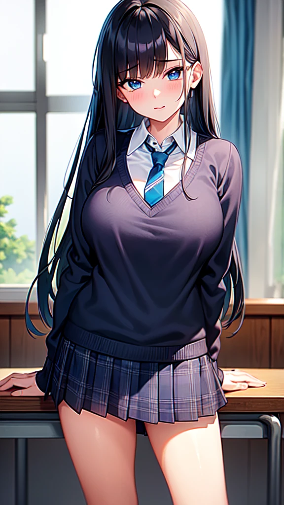 best-quality, 8k quality, masterpiece, huge breast, beautiful breast, 1girl, high school girl, black hair, long hair, beautiful detailed blue eyes, perfect eyes, full body, rainy season, classroom, front view, plain navy blue necktie, neat navy blue plain long sleeve school sweater, navy blue plaid school skirt, perfect fingers, perfect anatomy, perfect face, sharp outline