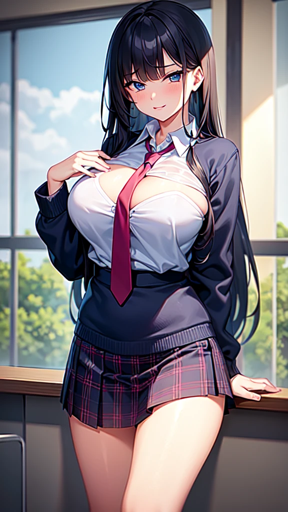 best-quality, 8k quality, masterpiece, huge , beautiful breastl, high school girl, black hair, long hair, beautiful detailed blue eyes, perfect eyes, full body, rainy season, classroom, front view, plain navy blue necktie, neat navy blue plain long sleeve school sweater, navy blue plaid school skirt, perfect fingers, perfect anatomy, perfect face, sharp outline