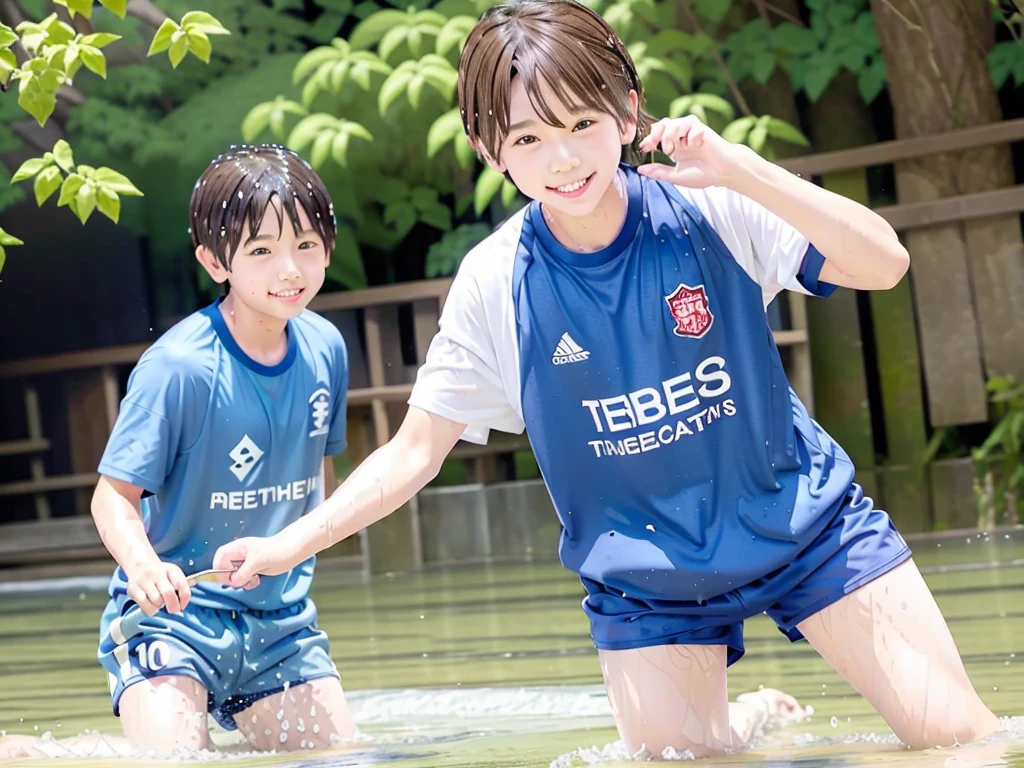 In the forest、Swimming in the river、Cool and refreshing water、Cute boy、Popular actors、10Year old boy、The boys are playing、Get wet all over、Noisy boys、Splashing Water、Boy in gym clothes、The bottom of the white T-shirt is blue、Blue shorts、Japanese、(Boy 1.4)