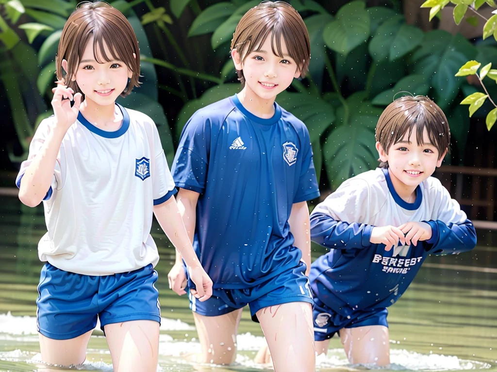 hot summer、、Summer swimming pool、Fun every day、Get wet all over、Japan Boy、Glowing water splashes、Pool lessons、Boy playing in water、The happy boys、Strong sunlight、Short sleeve gym uniform、Blue shorts、barefoot，Boys only 、１０age、high resolution、masterpiece