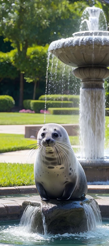 A cute fluffy baby spotted seal in a rough sketch、Create a simple, colorless outline of a head peeking out of a large fountain in a park