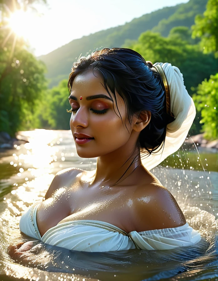 Photorealistic American of Beautiful naked American. Looking like zeenat amaan woman wearing a white saree, taking bath in river Photorealistic image of a beautiful Indian woman with sun-kissed skin and long, black hair tied in a loose bun. She wears a simple wet elegant cotton white transparent saree whitered border. Her  clearly visible.side pose. woman stands knee-deep in the clear, flowing water of a river, gently scooping water with a brass pot and pouring it over her head. Her eyes are closed in serenity, and a peaceful smile rests on her lips. Background: Lush green hills bordering the river, with the rising sun casting a warm glow on the scene. Camera: Medium shot, 50mm lens, slightly off-center view. Render: High resolution, detailed, natural light, soft focus on background. Big , thick, georgeous, hot