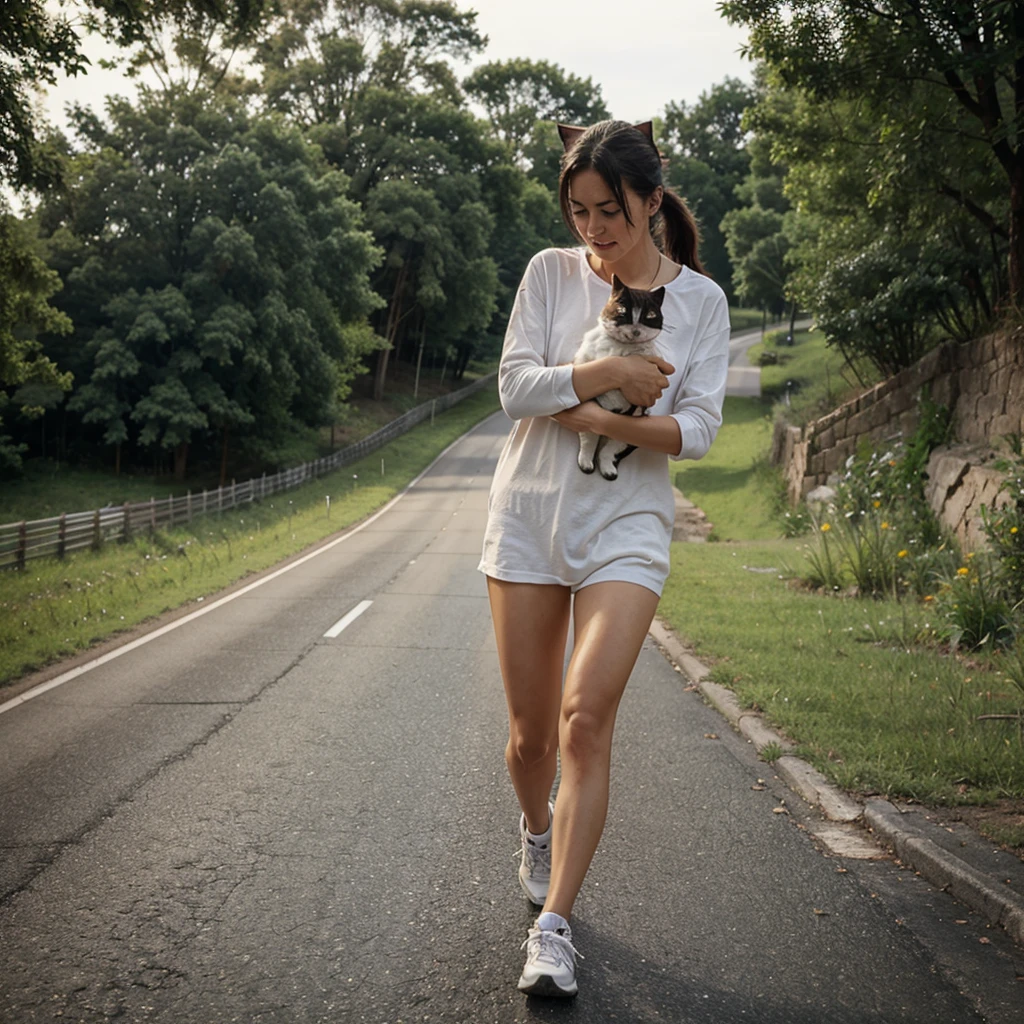 A cat was crying and scared and ran along the road