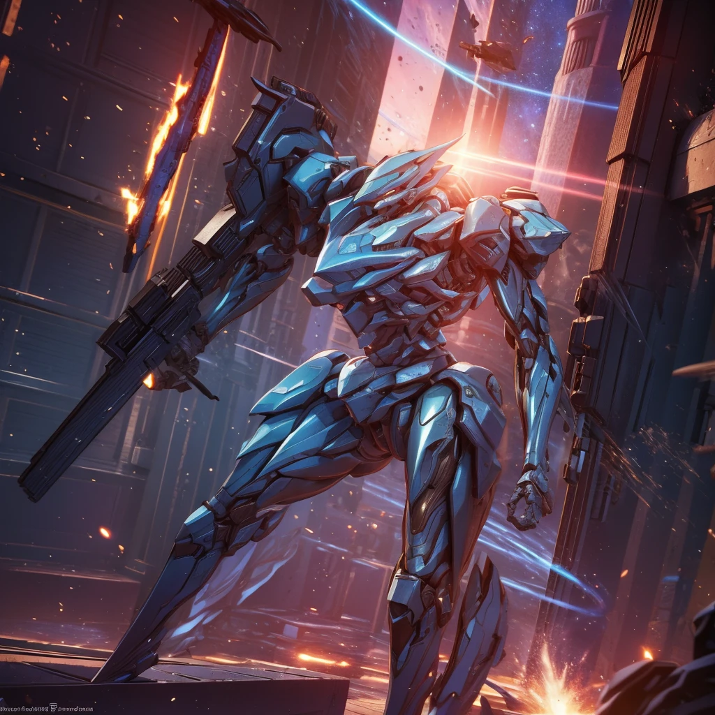 (Obra de arte, melhor qualidade:1.5).Mech branco e azul com detalhes dourados, médio, segurando uma sniper azul grande. Extremely detaild, 8K, HDR, naturallight, cinematic lighting, masterpiece-anatomy-perfect, Ultra HD, (Space Combat:1.5, Battlefield:1.5), RAW photo, metallic, professional, ultra-fine painting, perfect body proportions, anatomically correct, uhd, real texture material, Anti-Aliasing, FKAA, TXAA, SSAO, Post Processing, Post Production, Tone Mapping, CGI, VFX, SFX, Hyper maximalist, Volumetric, ultra photorealultra-detailed intricate details.