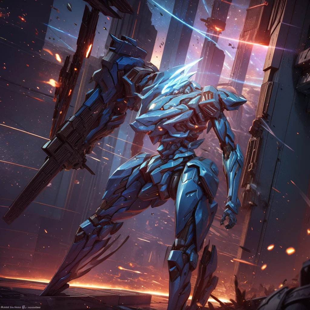 (Obra de arte, melhor qualidade:1.5).Mech branco e azul com detalhes dourados, médio, segurando uma sniper azul grande. Extremely detaild, 8K, HDR, naturallight, cinematic lighting, masterpiece-anatomy-perfect, Ultra HD, (Space Combat:1.5, Battlefield:1.5), RAW photo, metallic, professional, ultra-fine painting, perfect body proportions, anatomically correct, uhd, real texture material, Anti-Aliasing, FKAA, TXAA, SSAO, Post Processing, Post Production, Tone Mapping, CGI, VFX, SFX, Hyper maximalist, Volumetric, ultra photorealultra-detailed intricate details.