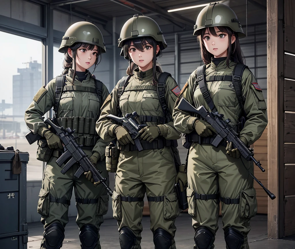 A group of female soldiers wearing dark gray、Wear a steel helmet、Military Pants、Tactical shoulder strap、Magazine Pouch、Indoor warehouse、Patrol with guns、Write details、masterpiece、best quality、Highly detailed CG、8K picture quality