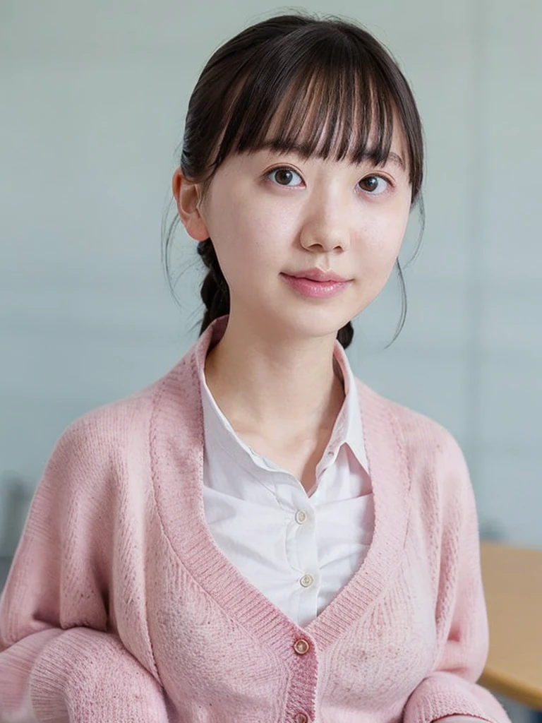 slender girl, (make up:1.1), (Pink cardigan:1.2), middle breasts, at school room, (upper body shot:1.1), round face