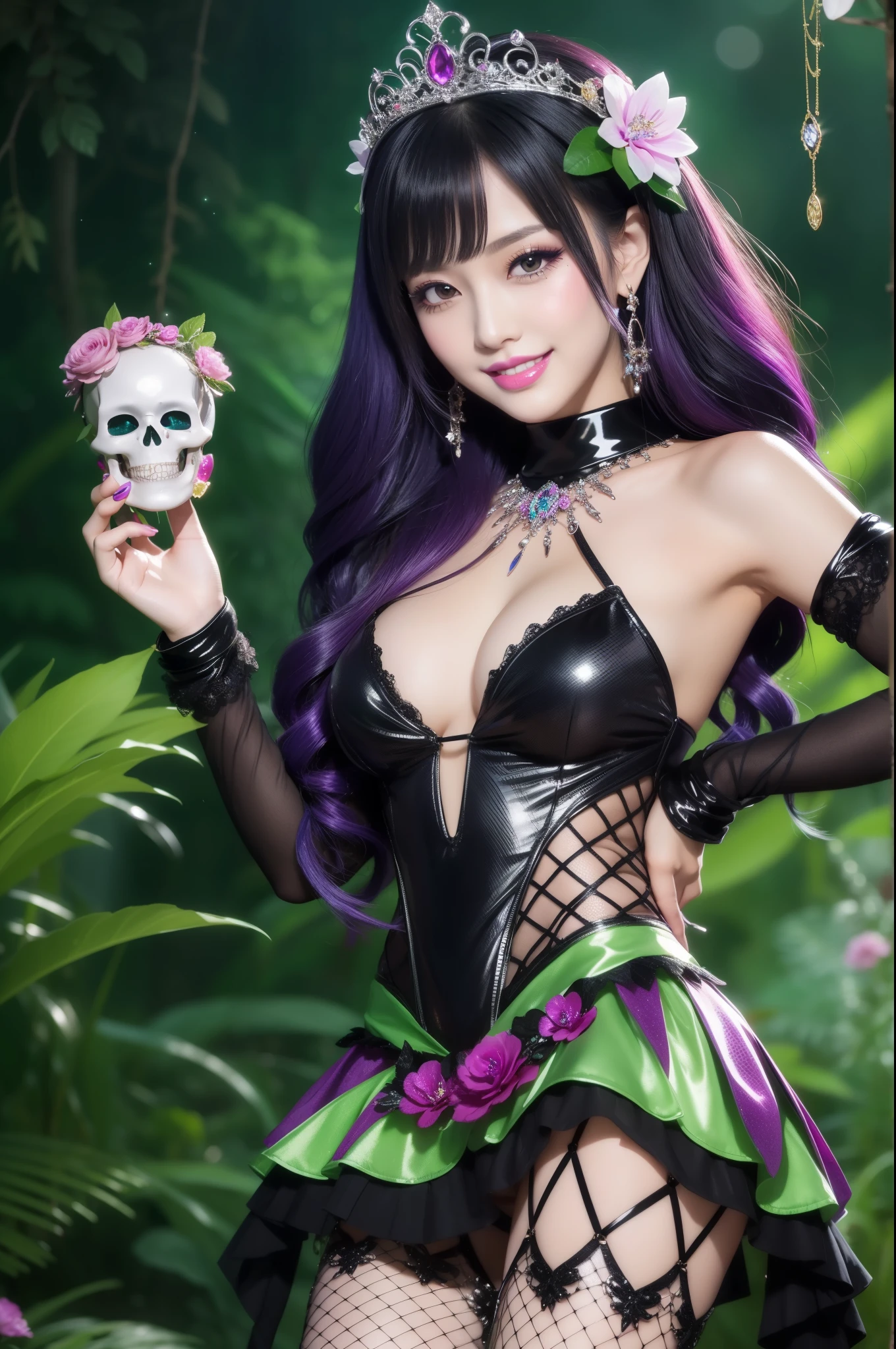 sexy stylish princess who controls poison、beautiful smile、lip-gloss、long lashes、intense makeup、look at the camera、full body Esbian、、sparkling poisoned flower costume、、、、shiny sparkling multicolor hair、secrete poison、skull hair accessories、fishnet tights、shiny sparkling dark magic forest background