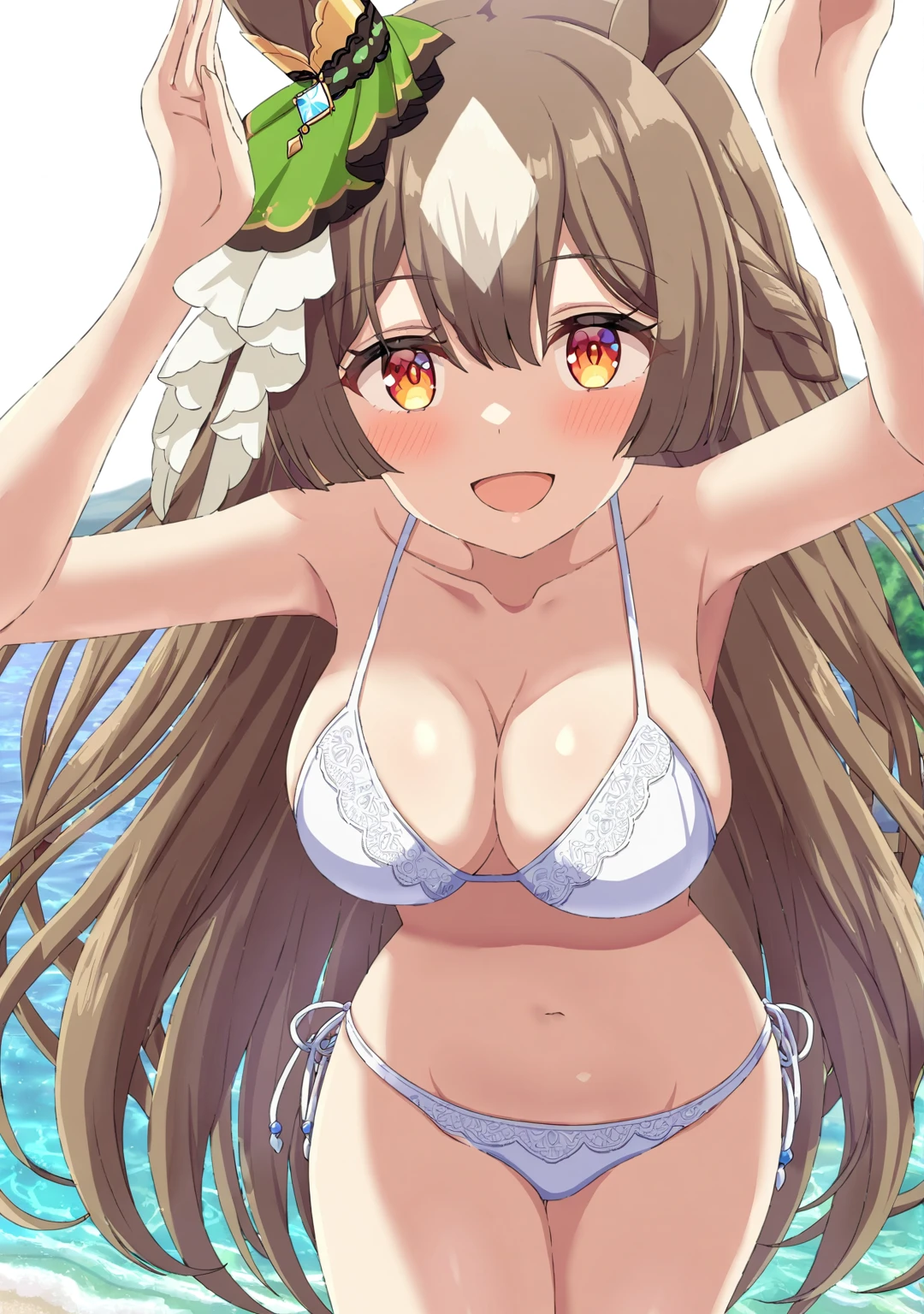 1girl,satono diamond\(umamusume\),{{blue archive}},{{{{{torino aqua_style}}}}},[ogipote_style],{{sincos_style}},official art, glossy skin , emphasizing sensual and appealing appearance,highly detailed,best quality,clear lines,large breasts, bangs, collarbone, anime visual of a cute girl,anime best girl, bangs,(navel :1.3),(standing :1.2), breasts, Emphasize the minimal and revealing nature of their bikinis ,official artwork,white bikini,shiny skin,happy,fun,navel,standing upright,(high exposure :1.3),only bikini,sexy,official artwork, high detailed official artwork, breasts, open mouth,bikini,white bikini,beach,smile,naughty face,seductive smile,white background,horse ears
