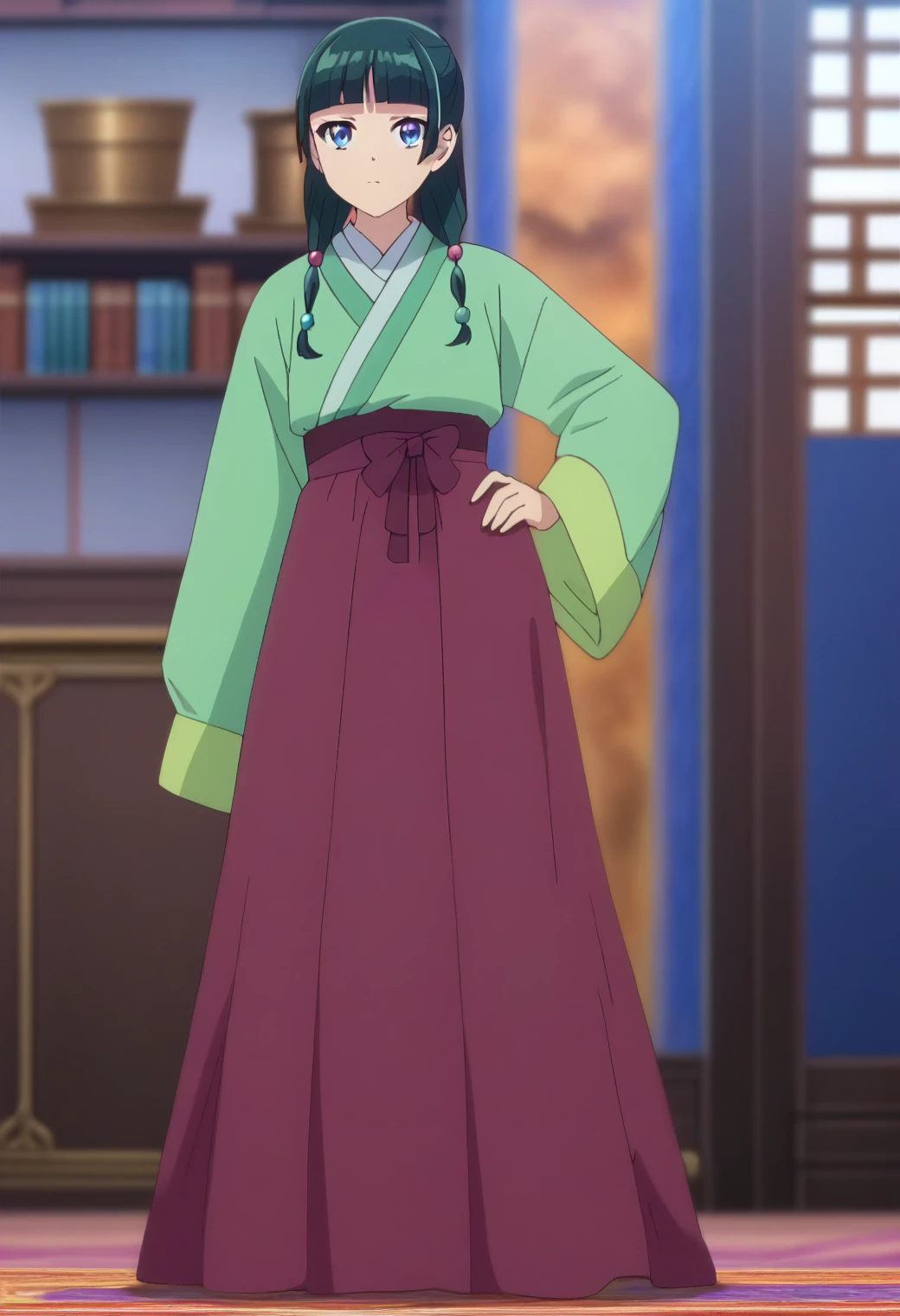 1girl, maomao, solo, green hair, long hair, blue eyes,hair ornament, BREAK
blurry foreground, bookshelf, closed mouth, depth of field, light green hanfu, default clothes, chinese clothes, long sleeves, wide sleeves, red hakama, default hairstyle, sidelocks, blunt bangs, hair beads, hair over shoulder, standing, low twintails, BREAK
score_9, score_8_up, score_7_up, score_6_up, anime, BREAK
(high quality, detailed, beautiful), shiny, detailed beautiful eyes, outstanding, countershading, detailed soft lighting, standing, hand on hip, full body