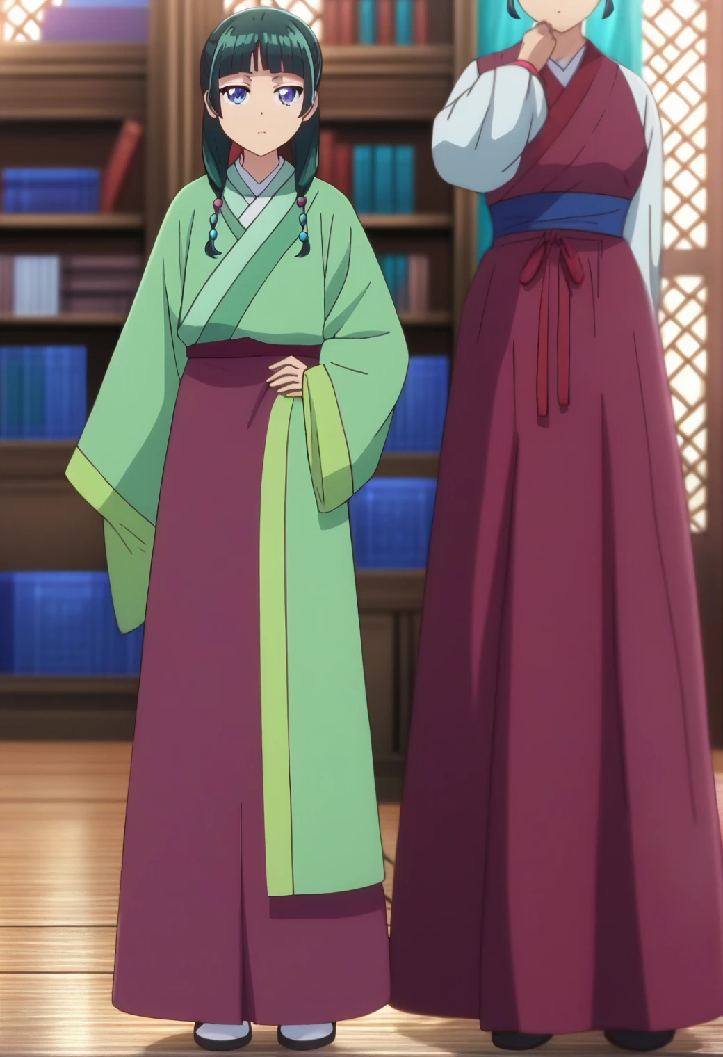 1girl, maomao, solo, green hair, long hair, blue eyes,hair ornament, BREAK
blurry foreground, bookshelf, closed mouth, depth of field, light green hanfu, default clothes, chinese clothes, long sleeves, wide sleeves, red hakama, default hairstyle, sidelocks, blunt bangs, hair beads, hair over shoulder, standing, low twintails, BREAK
score_9, score_8_up, score_7_up, score_6_up, anime, BREAK
(high quality, detailed, beautiful), shiny, detailed beautiful eyes, outstanding, countershading, detailed soft lighting, standing, hand on hip, full body