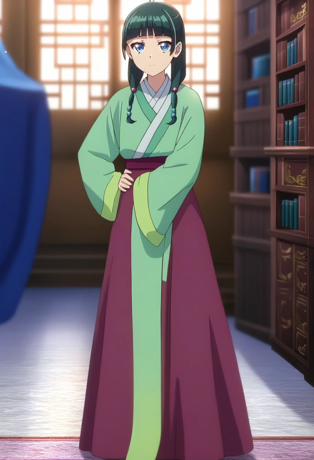 1girl, maomao, solo, green hair, long hair, blue eyes,hair ornament, BREAK
blurry foreground, bookshelf, closed mouth, depth of field, light green hanfu, default clothes, chinese clothes, long sleeves, wide sleeves, red hakama, default hairstyle, sidelocks, blunt bangs, hair beads, hair over shoulder, standing, low twintails, BREAK
score_9, score_8_up, score_7_up, score_6_up, anime, BREAK
(high quality, detailed, beautiful), shiny, detailed beautiful eyes, outstanding, countershading, detailed soft lighting, standing, hand on hip, full body