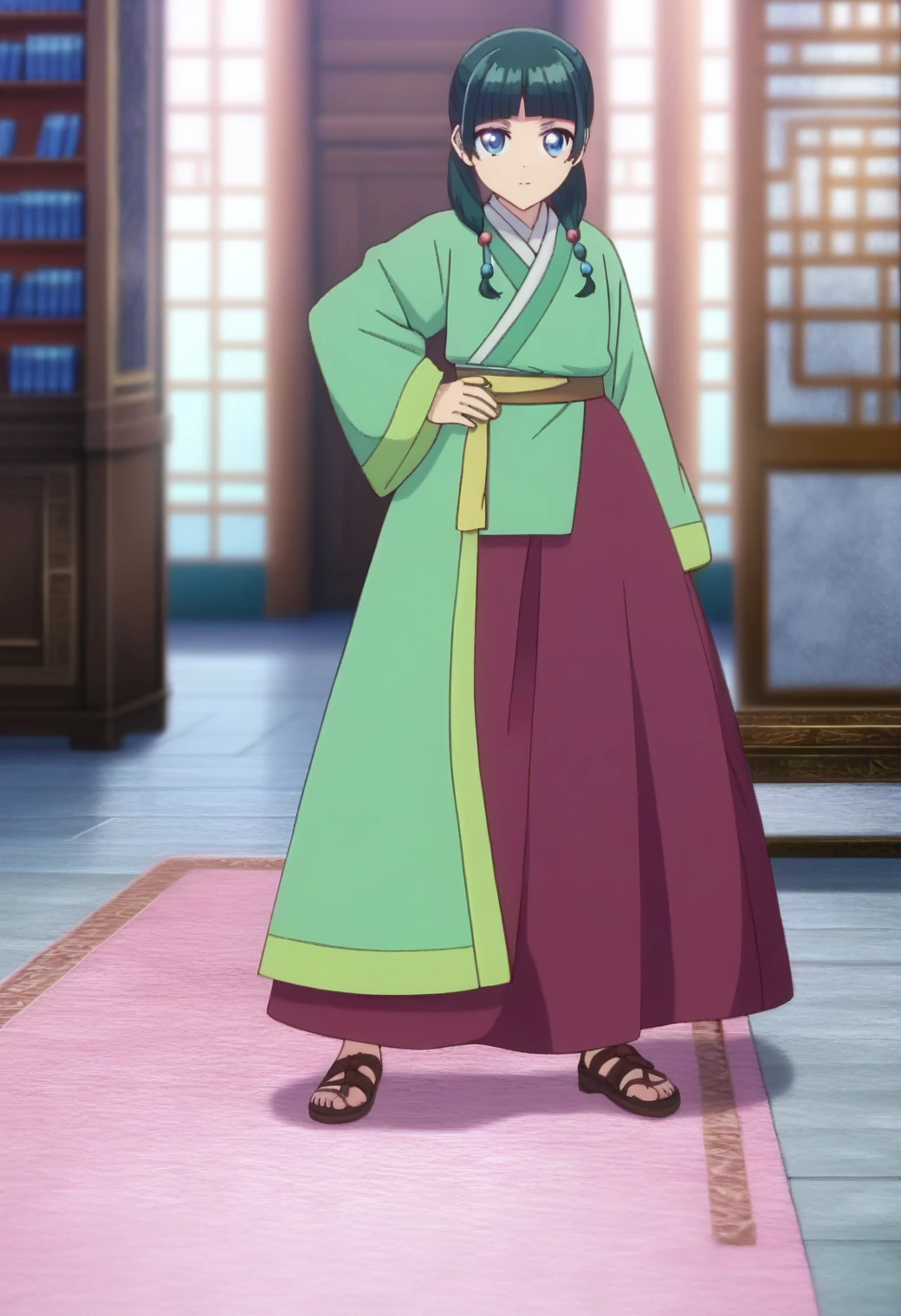 1girl, maomao, solo, green hair, long hair, blue eyes,hair ornament, BREAK
blurry foreground, bookshelf, closed mouth, depth of field, light green hanfu, default clothes, chinese clothes, long sleeves, wide sleeves, red hakama, default hairstyle, sidelocks, blunt bangs, hair beads, hair over shoulder, standing, low twintails, BREAK
score_9, score_8_up, score_7_up, score_6_up, anime, BREAK
(high quality, detailed, beautiful), shiny, detailed beautiful eyes, outstanding, countershading, detailed soft lighting, standing, hand on hip, full body