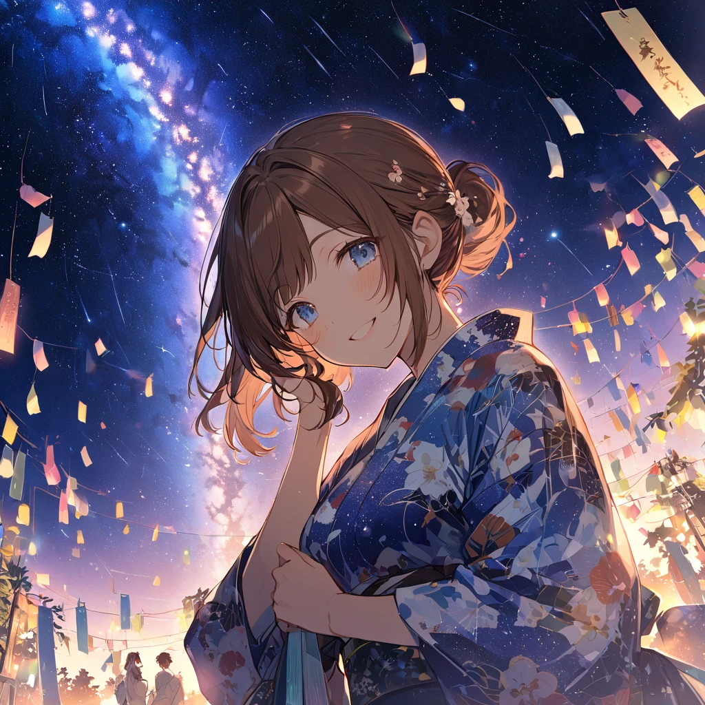 good looking, alone, 1 female, Medium Hair, Brown Hair, Pink highlights on the tip,Smile Facial,Tanabata,milky way,yukata,Brown Hair,ponytail,blue eyes