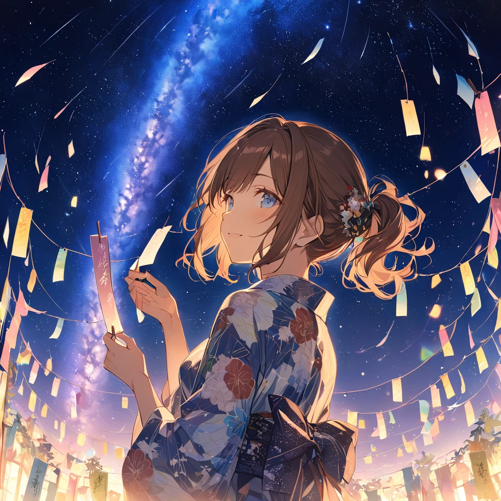 good looking, alone, 1 female, Medium Hair, Brown Hair, Pink highlights on the tip,Smile Facial,Tanabata,milky way,yukata,Brown Hair,ponytail,blue eyes