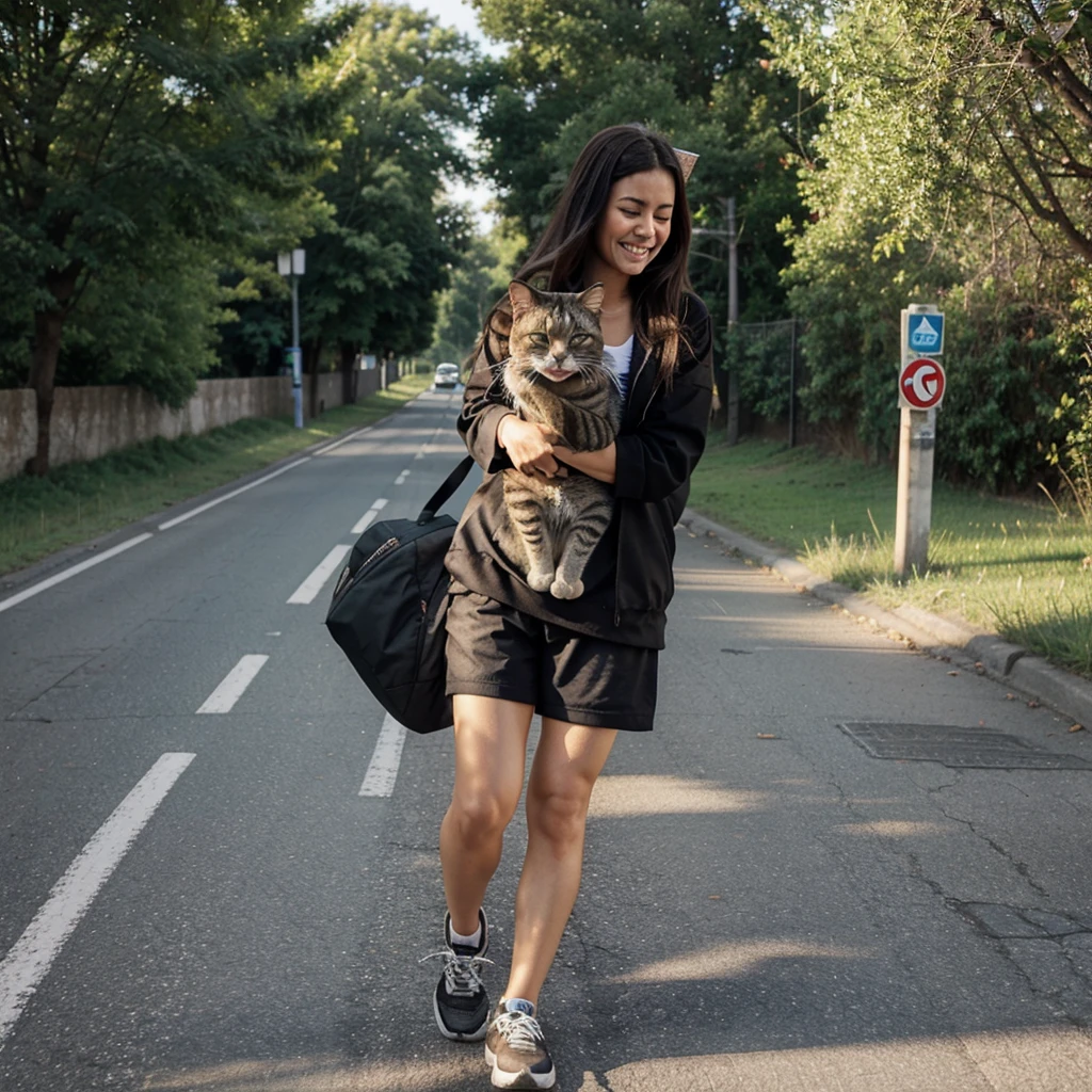 A cat was crying and scared and ran along the road