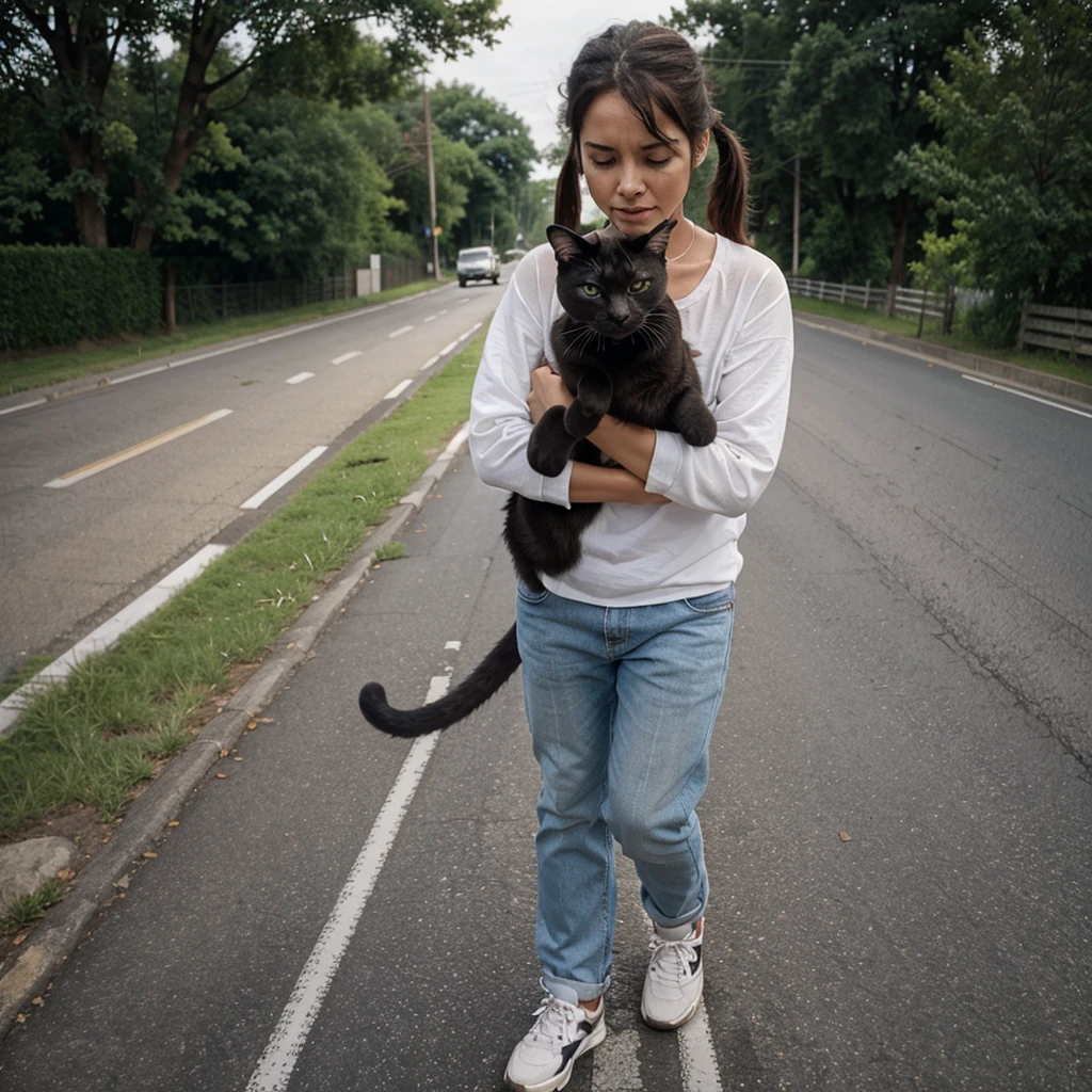 A cat was crying and scared and ran along the road
