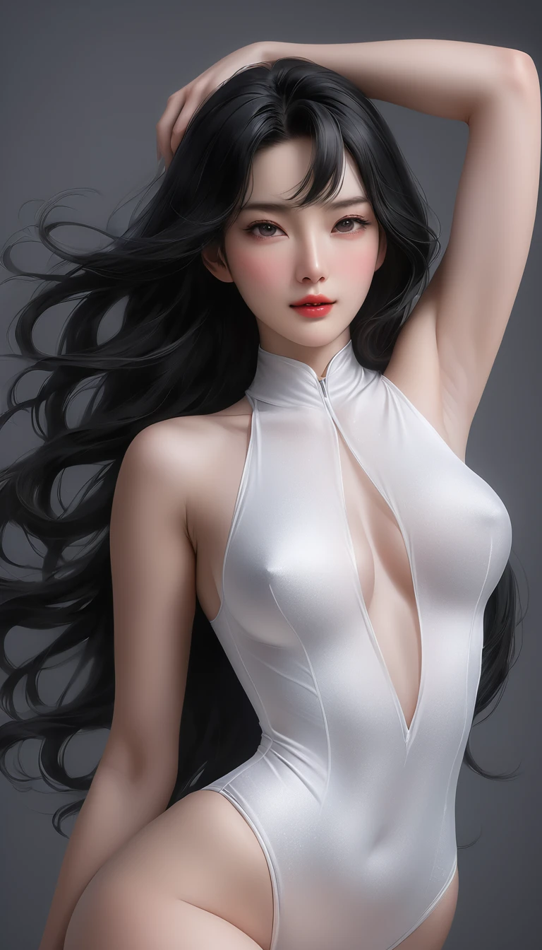 ((最大16K解像度のmasterpiece:1.6)), beautiful, Highest quality, Absolutely wonderful, high detail, Ultra-high resolution, masterpiece, Real, Realistic, The depth of the written world,
One elegant mature woman, Long black hair, beautiful顔, Highly detailed facial expressions, Gentle expression, Transparent white skin, Very delicate skin texture, Superb proportions, Anatomically correct body,
Elegant high leg swimsuit, snow-white color, Fine fabric texture、
Dark Gray Background,
Focus on the upper body,Close-up of face,